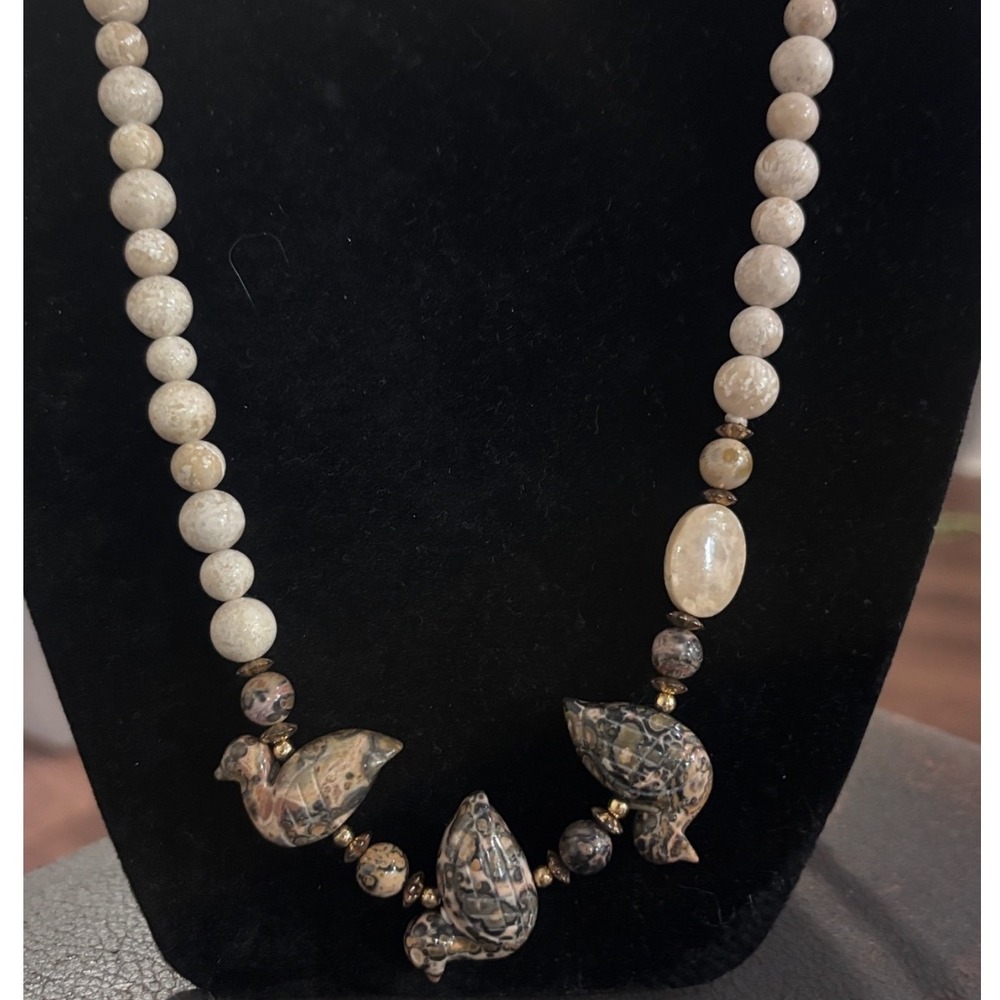 Vtg River Stone Jasper Leopard Skin Carved Ducks Necklace Lapidary 32" Estae